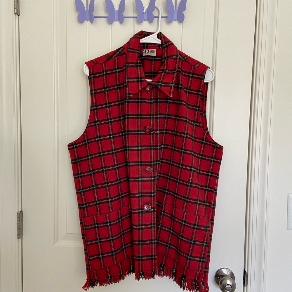 Vintage Stefano International women’s red plaid sleeveless‎ button fringe top M